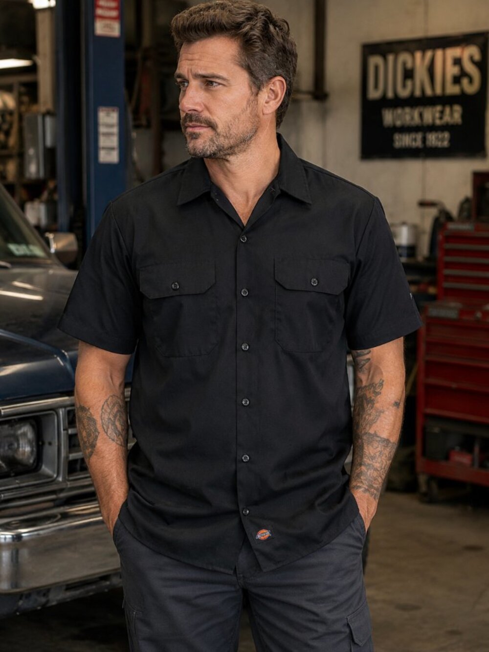 Dickies FLEX Men’s Large Black Heavy Duty Work Shirt Button Mechanic Uniform